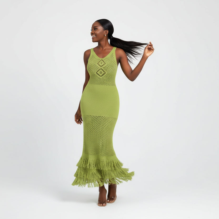 Sleeveless Knitted Tassel Hem Semi Sheer Midi Dress