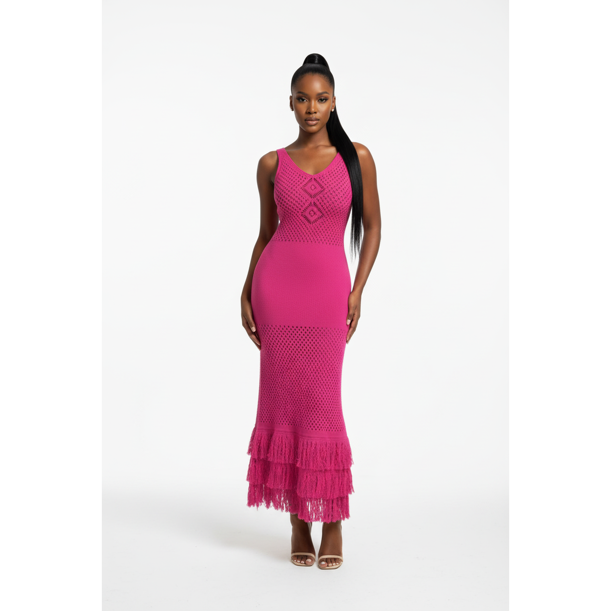 Sleeveless Knitted Tassel Hem Semi Sheer Midi Dress