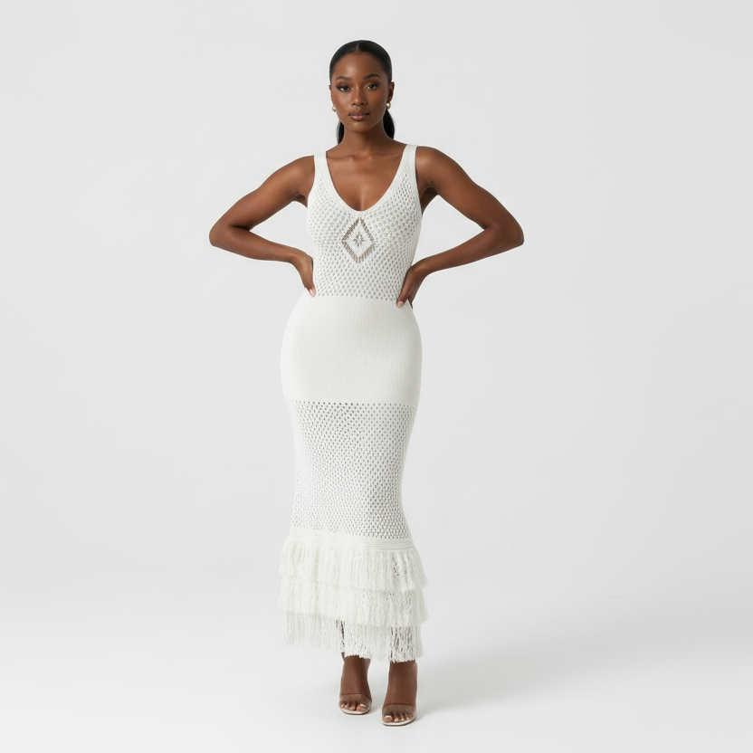 Sleeveless Knitted Tassel Hem Semi Sheer Midi Dress