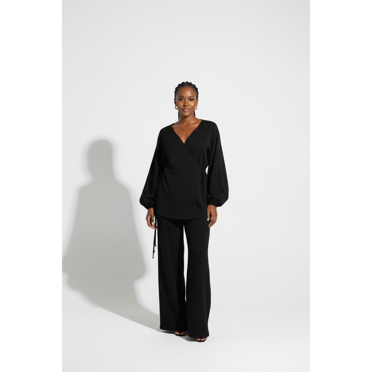 Knitted Lantern Sleeve Wrap Cardigan & Wide-Leg Pants