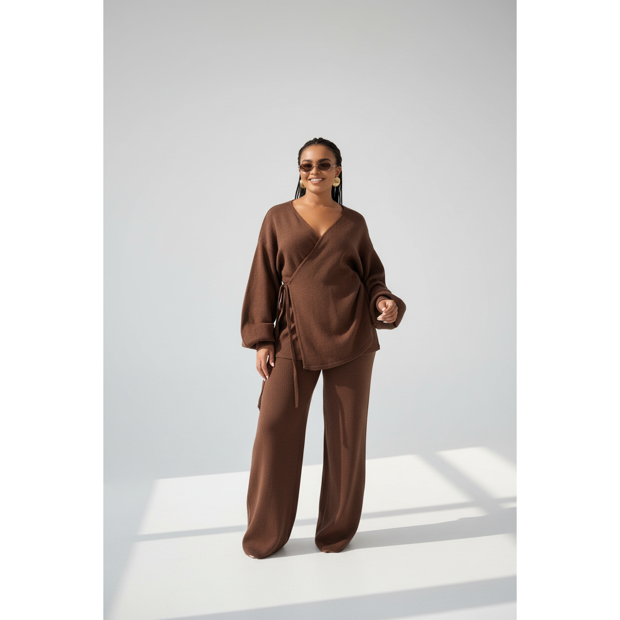 Knitted Lantern Sleeve Wrap Cardigan & Wide-Leg Pants