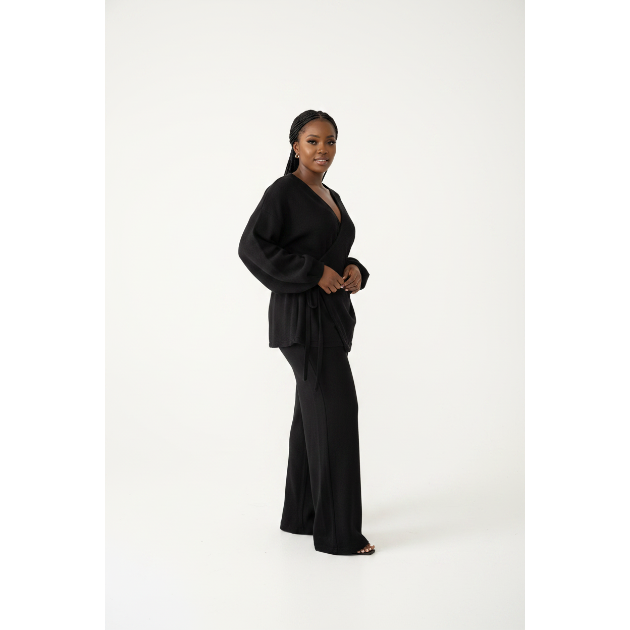 Knitted Lantern Sleeve Wrap Cardigan & Wide-Leg Pants