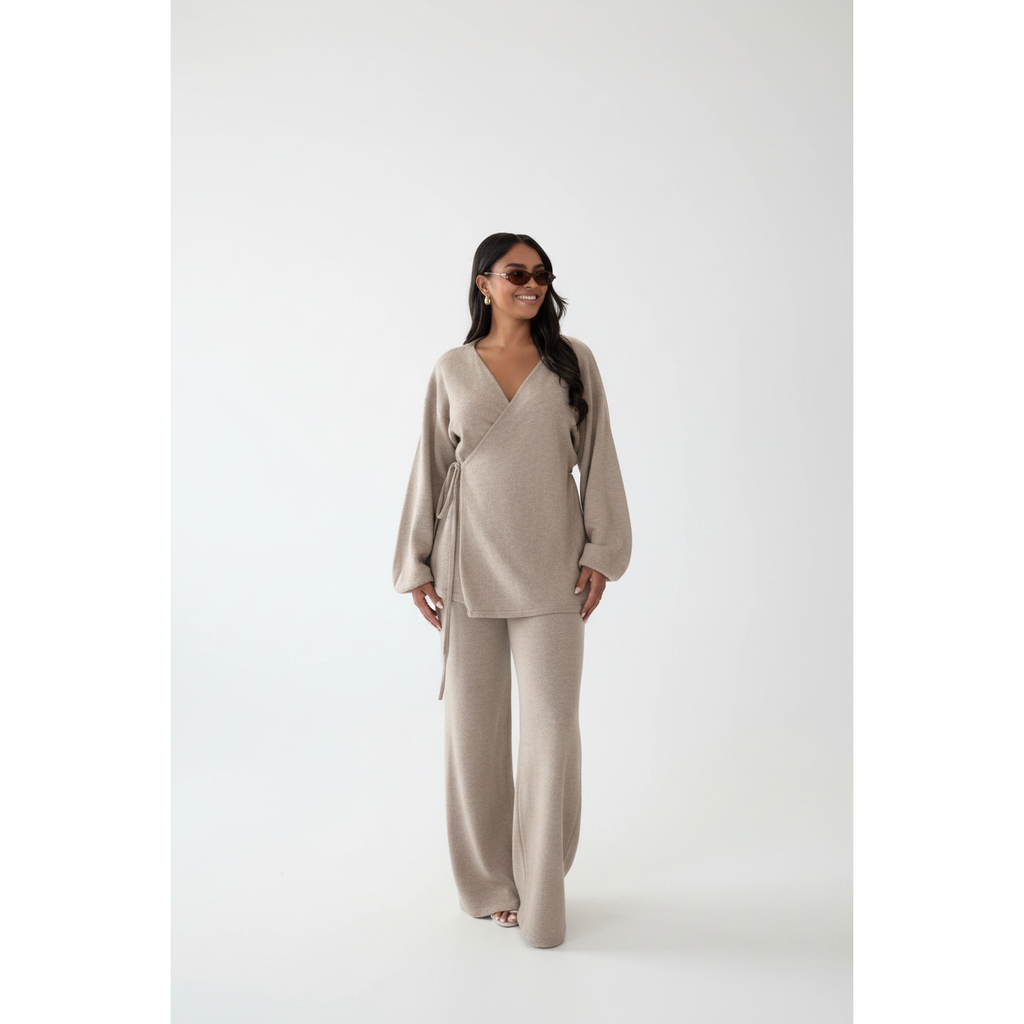 Knitted Lantern Sleeve Wrap Cardigan & Wide-Leg Pants