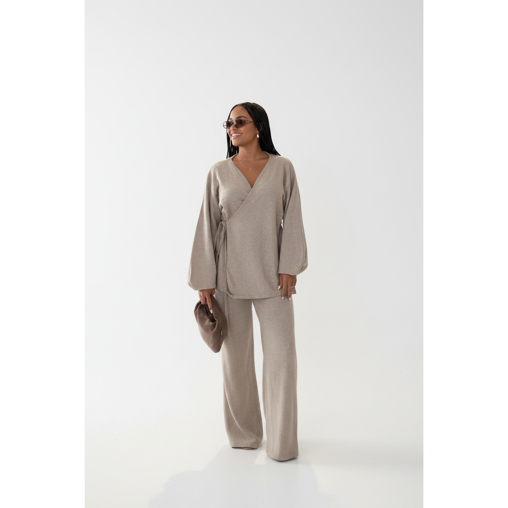 Knitted Lantern Sleeve Wrap Cardigan & Wide-Leg Pants