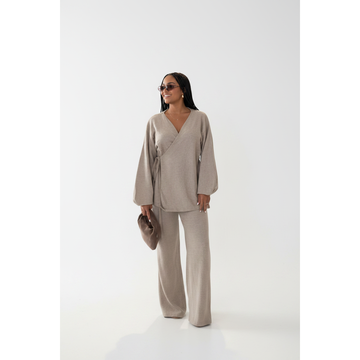 Knitted Lantern Sleeve Wrap Cardigan & Wide-Leg Pants