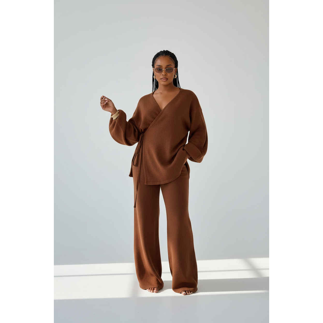 Knitted Lantern Sleeve Wrap Cardigan & Wide-Leg Pants