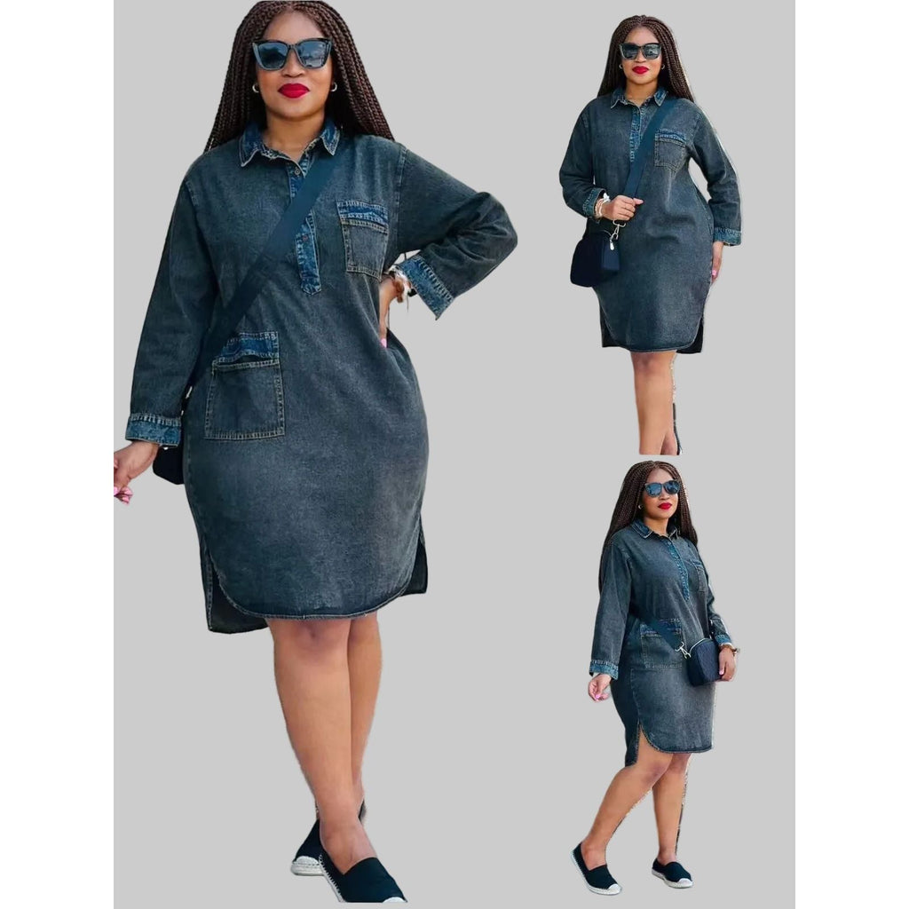 Plus Size Long-Sleeve Washed Denim Dress