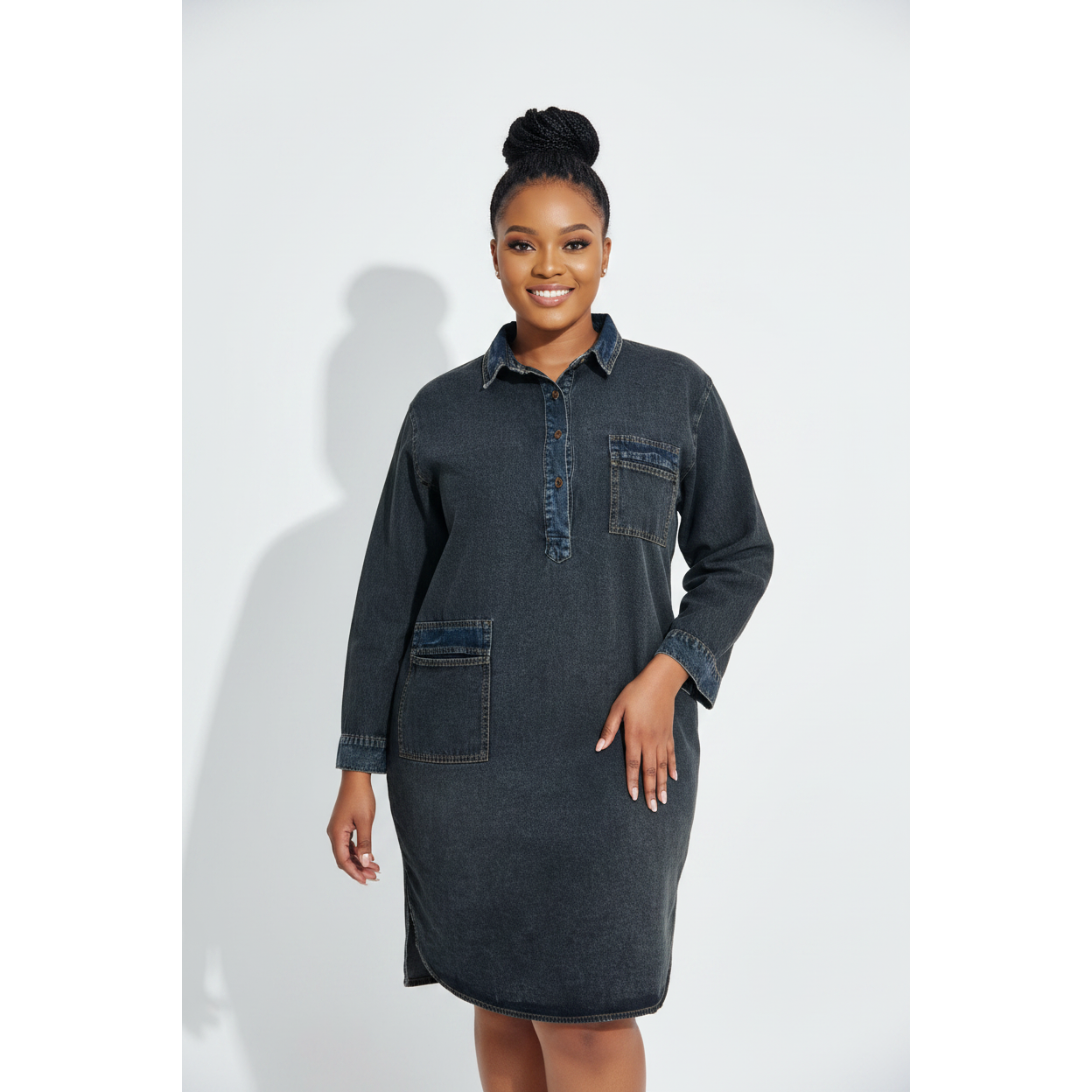 Plus Size Long-Sleeve Washed Denim Dress