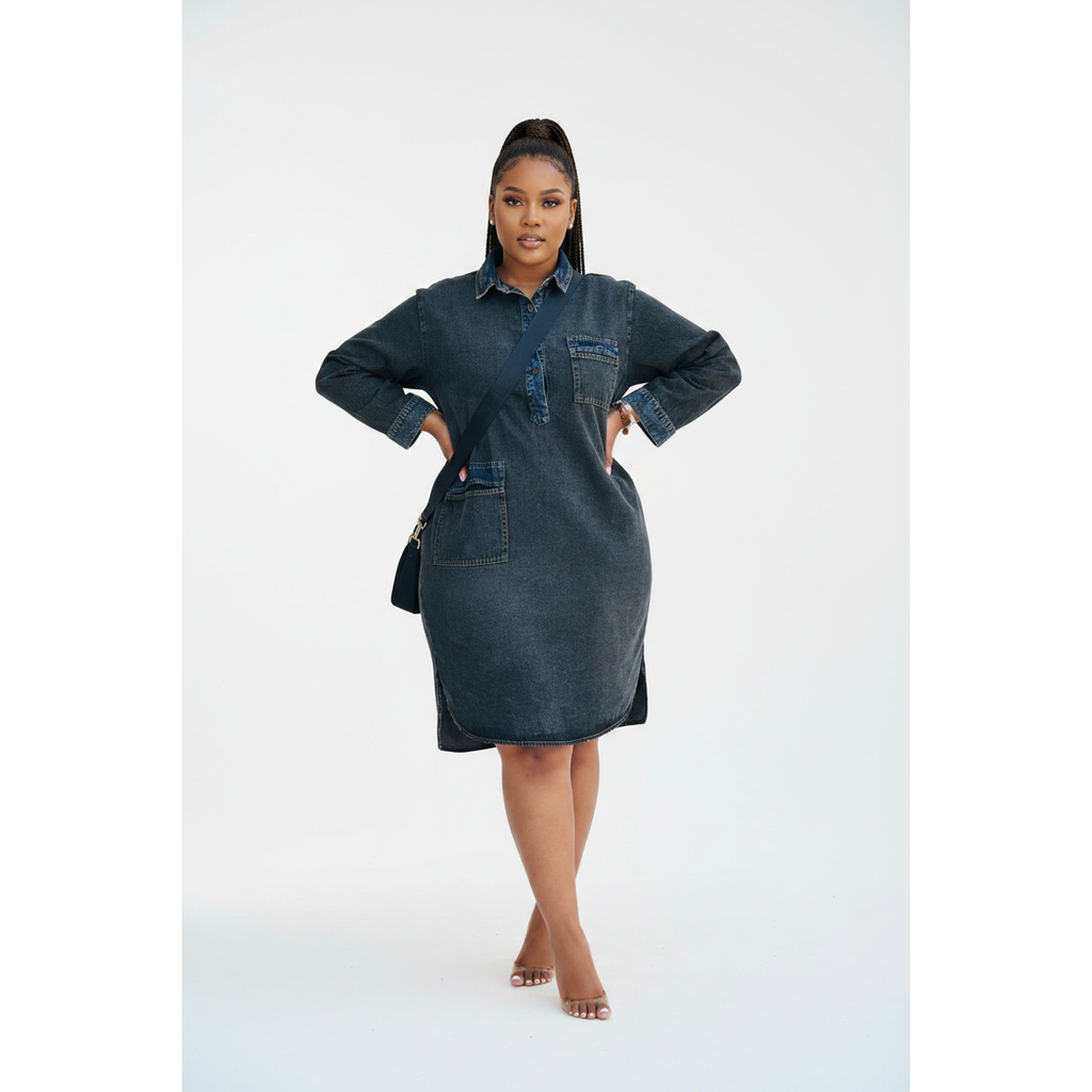 Plus Size Long-Sleeve Washed Denim Dress