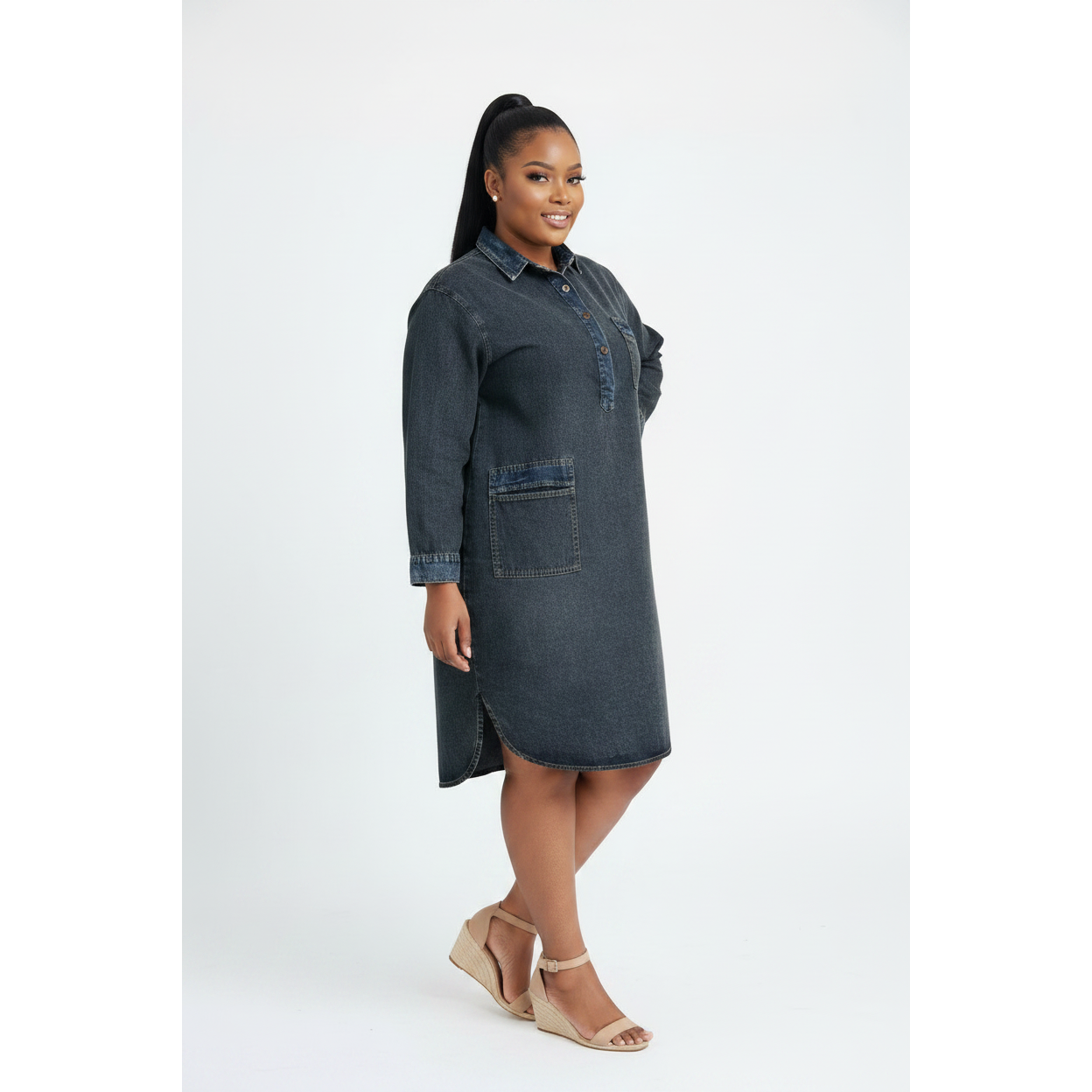 Plus Size Long-Sleeve Washed Denim Dress