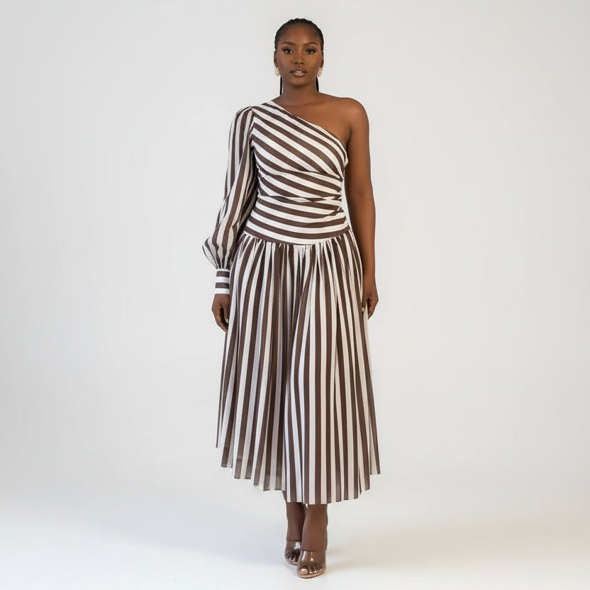 Striped One-Shoulder Asymmetric Maxi Dress