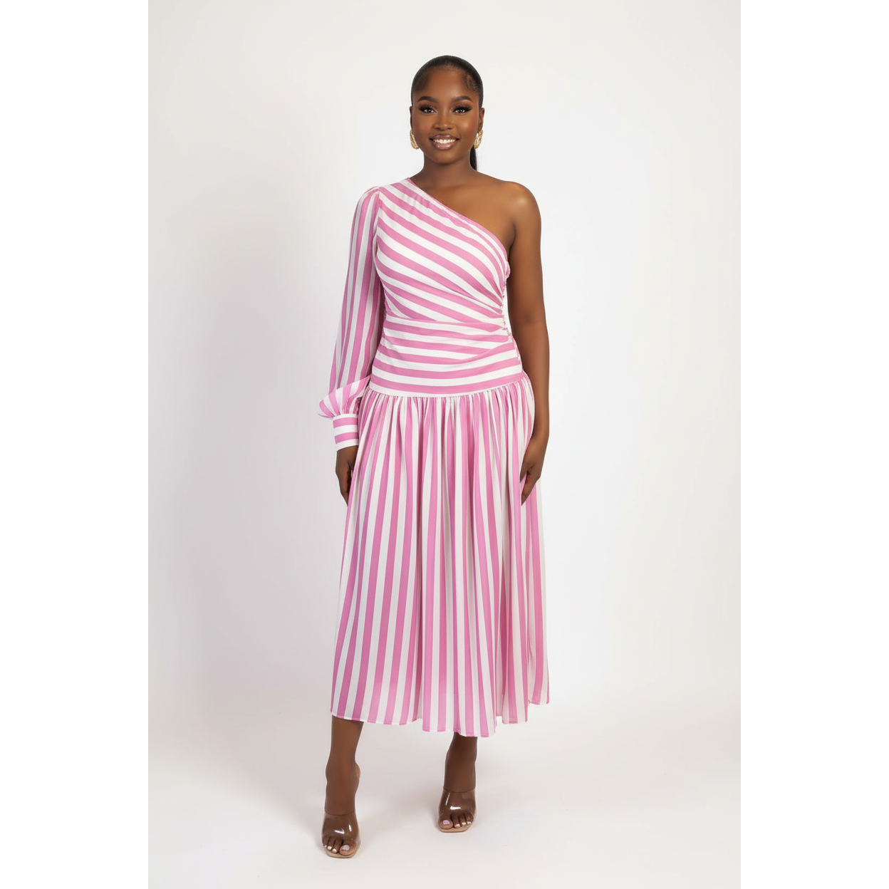 Striped One-Shoulder Asymmetric Maxi Dress