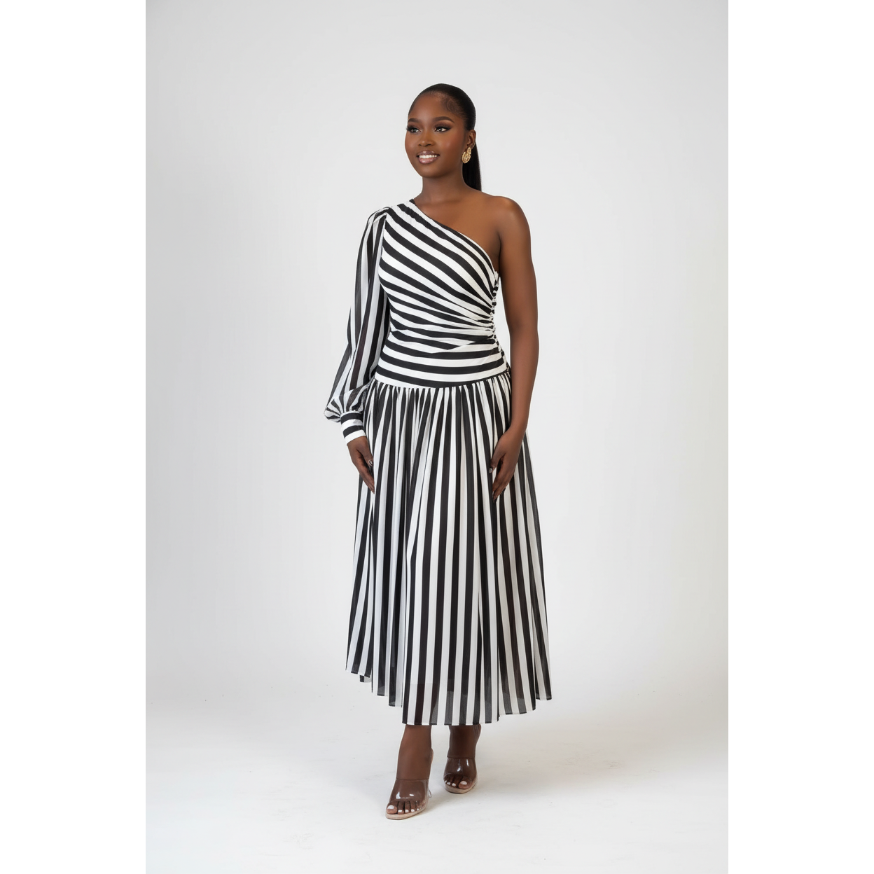 Striped One-Shoulder Asymmetric Maxi Dress