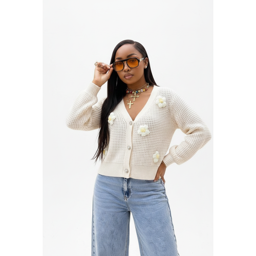 3D Floral V-Neck Knitted Cardigan