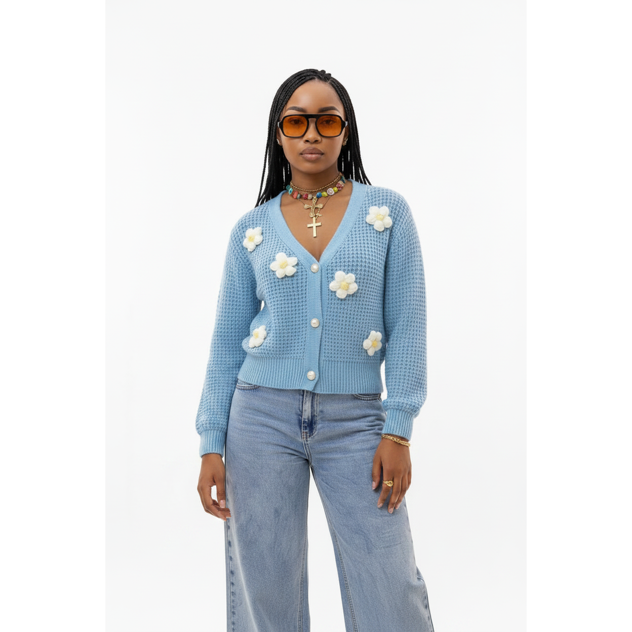 3D Floral V-Neck Knitted Cardigan