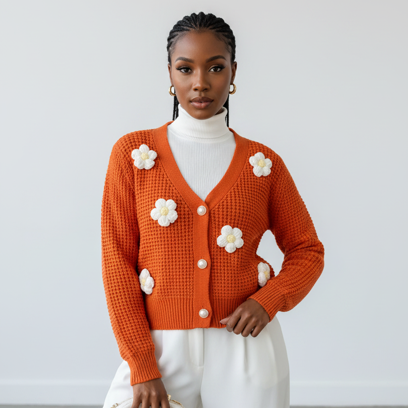 3D Floral V-Neck Knitted Cardigan
