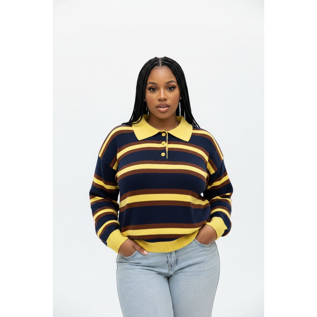 Ladies Long Sleeve Striped Knit Golf Sweater