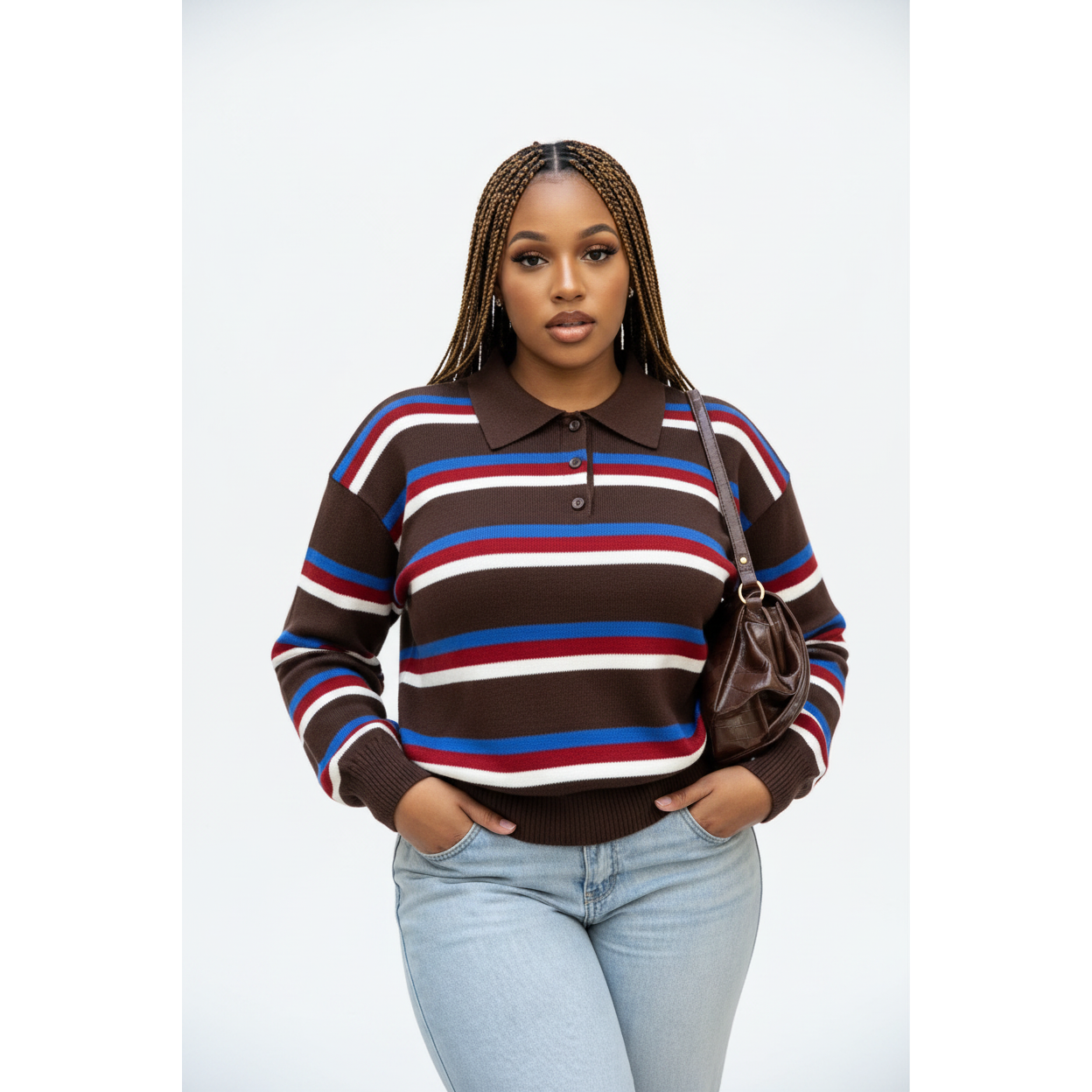 Ladies Long Sleeve Striped Knit Golf Sweater