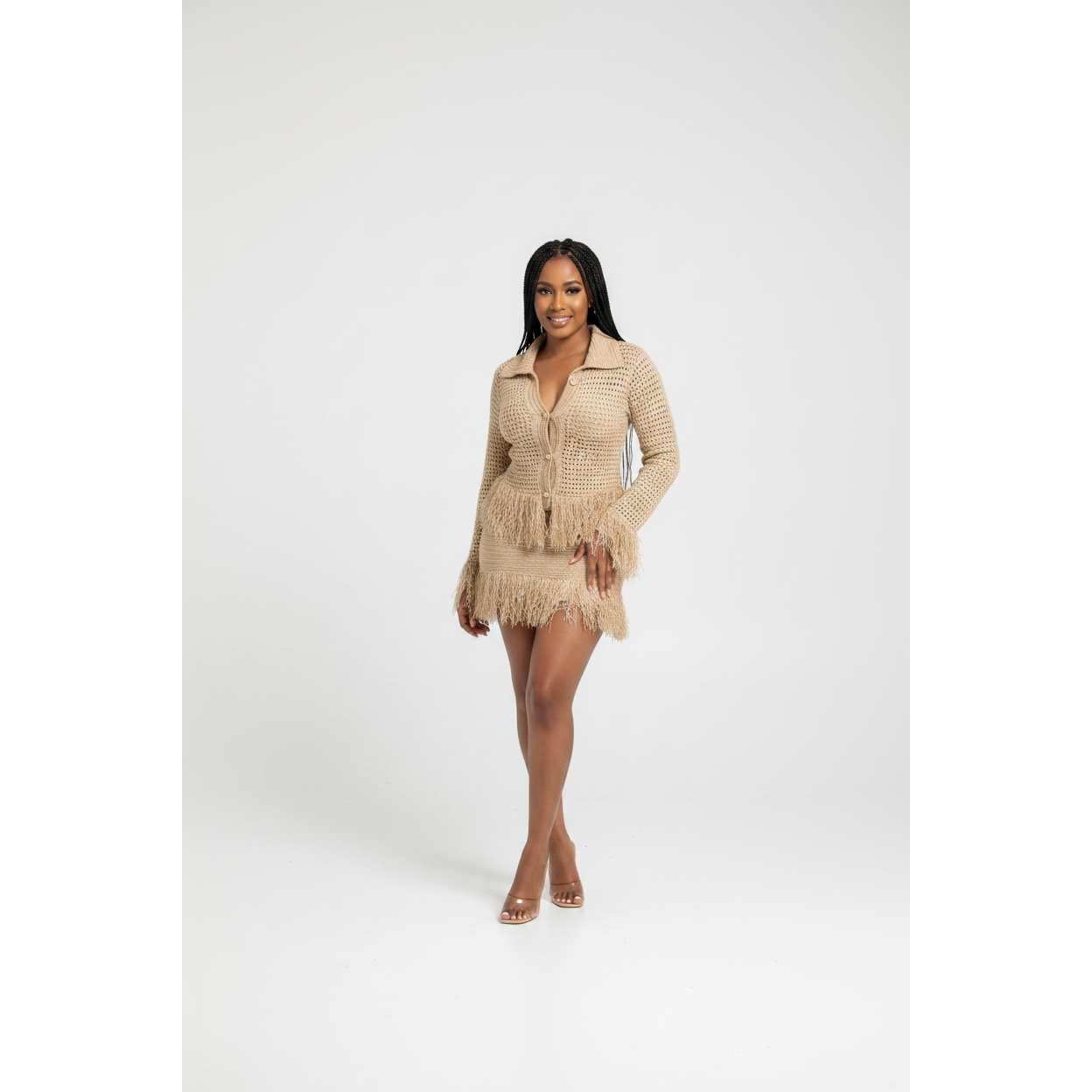 Tropical Fringe Trim Crotchet Top & Ruffle Mini Skirt