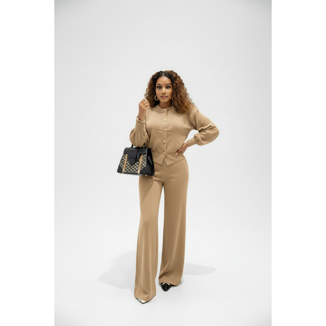 Womens Co-ord Long-Sleeve Cardigan & Wide Leg Pants