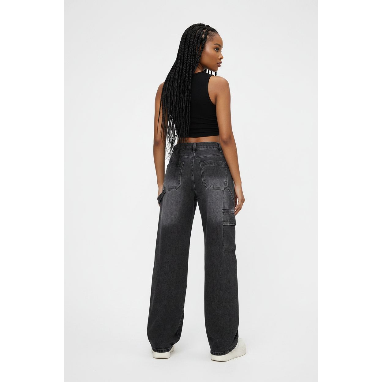 Faded High-Waisted Wide-Leg Utility Jeans