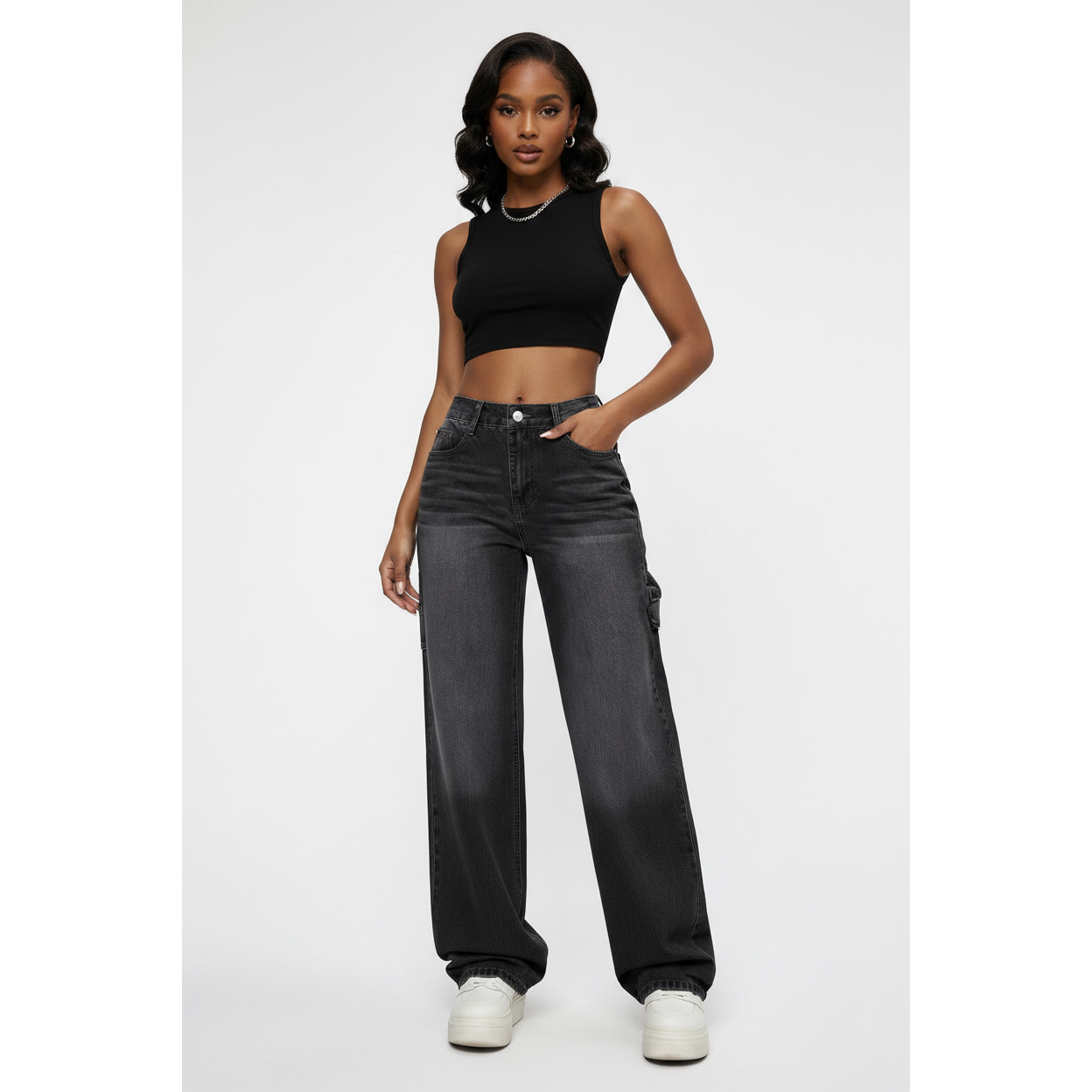 Faded High-Waisted Wide-Leg Utility Jeans