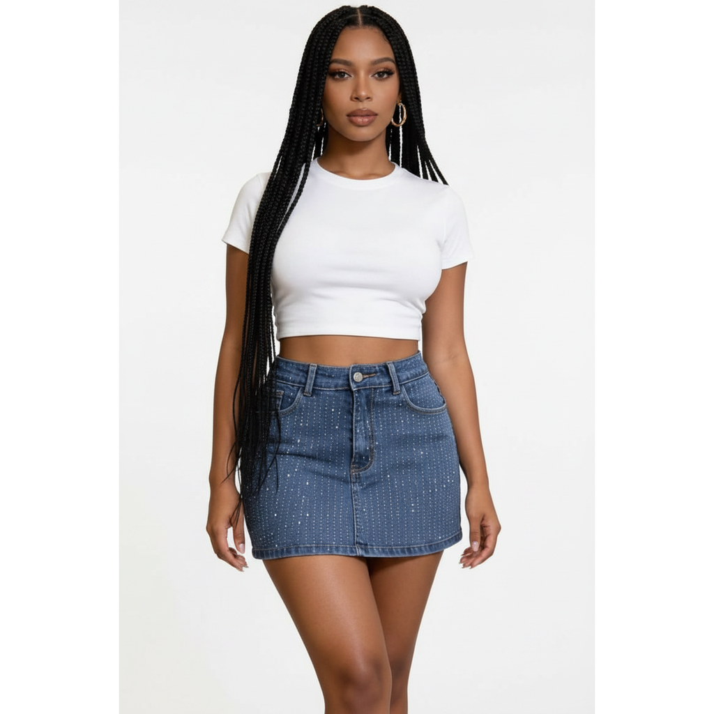 Pinstripe Embellished Denim Mini Skirt