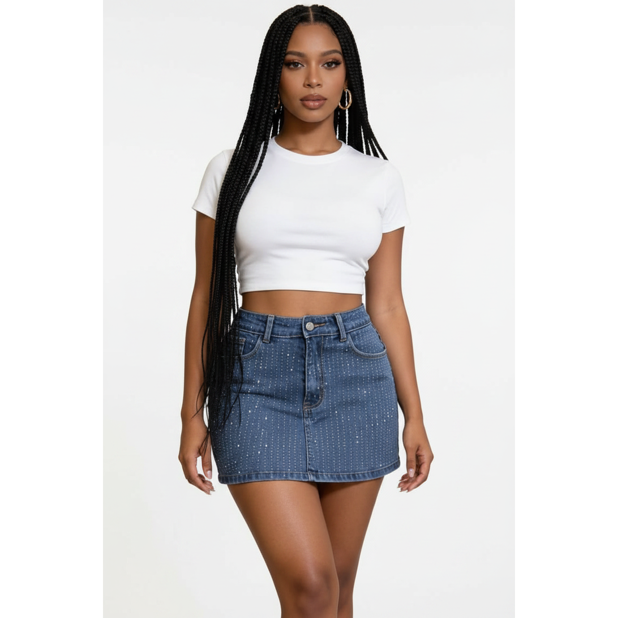 Pinstripe Embellished Denim Mini Skirt