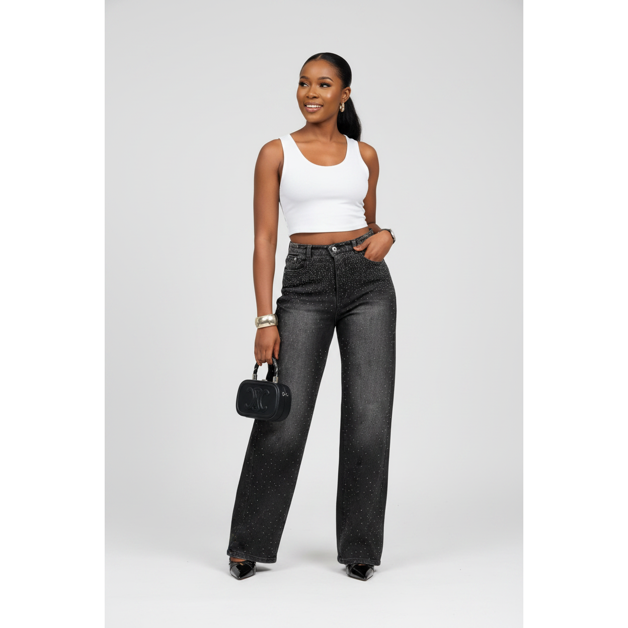 Rhinestone-Embellished Wide-Leg Jeans