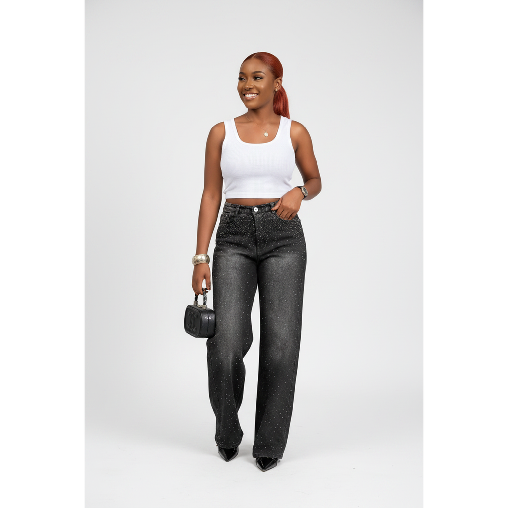 Rhinestone-Embellished Wide-Leg Jeans