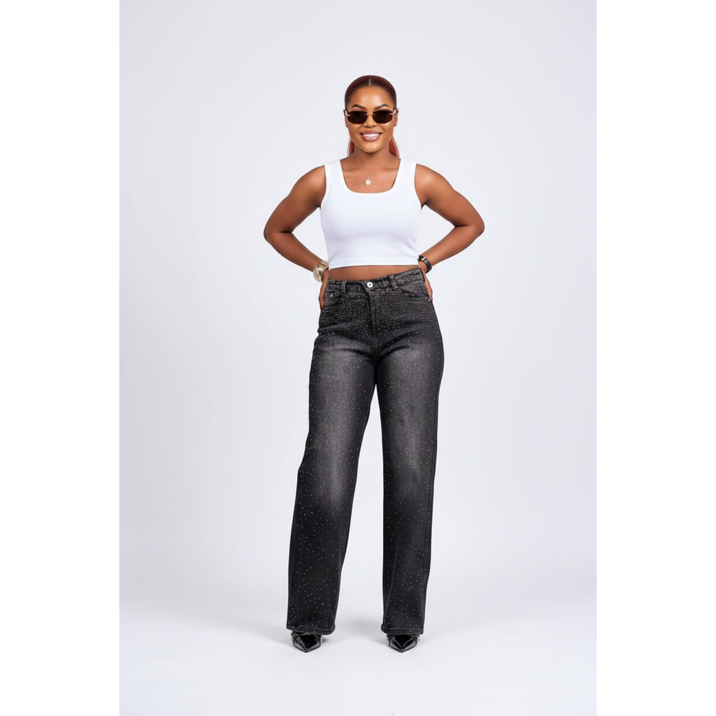 Rhinestone-Embellished Wide-Leg Jeans