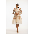 Cream Floral Lace-Trim Tulle Midi Dress