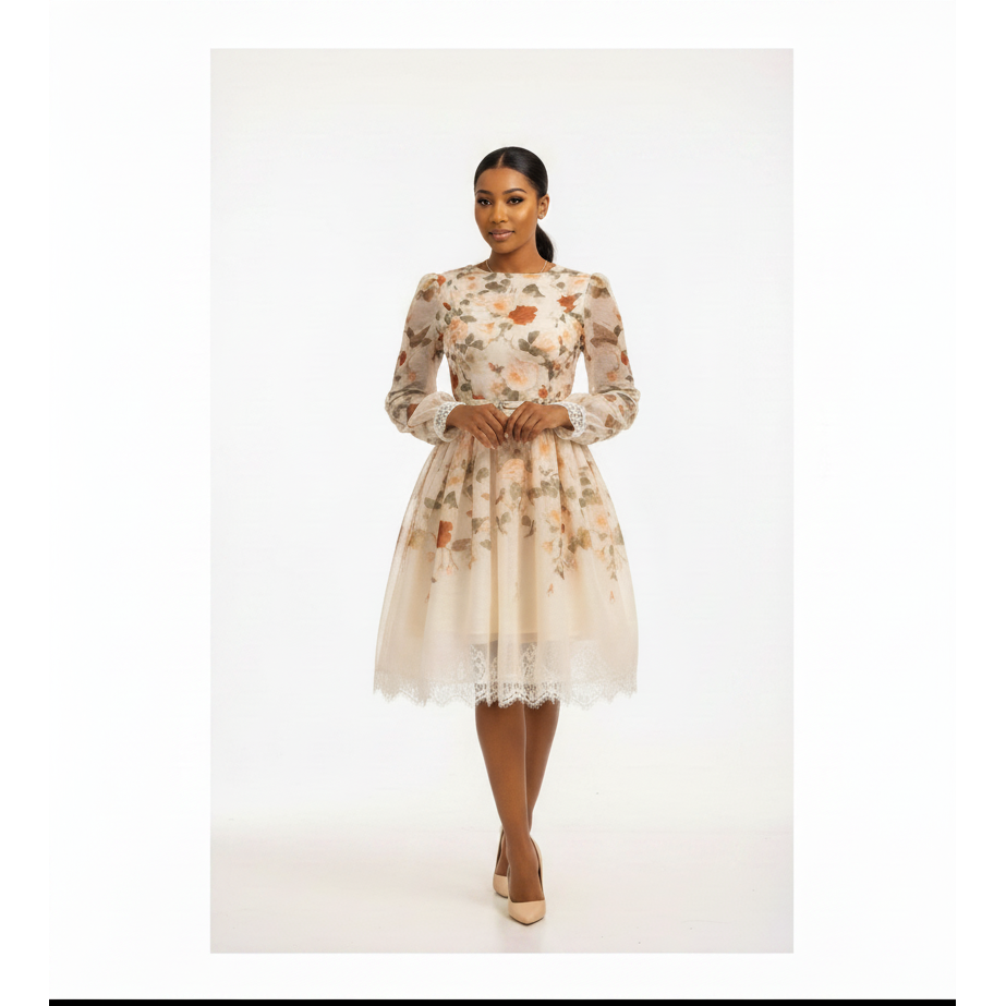 Cream Floral Lace-Trim Tulle Midi Dress