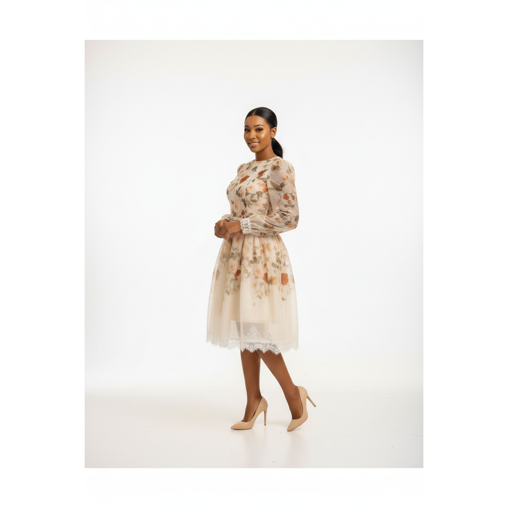 Cream Floral Lace-Trim Tulle Midi Dress
