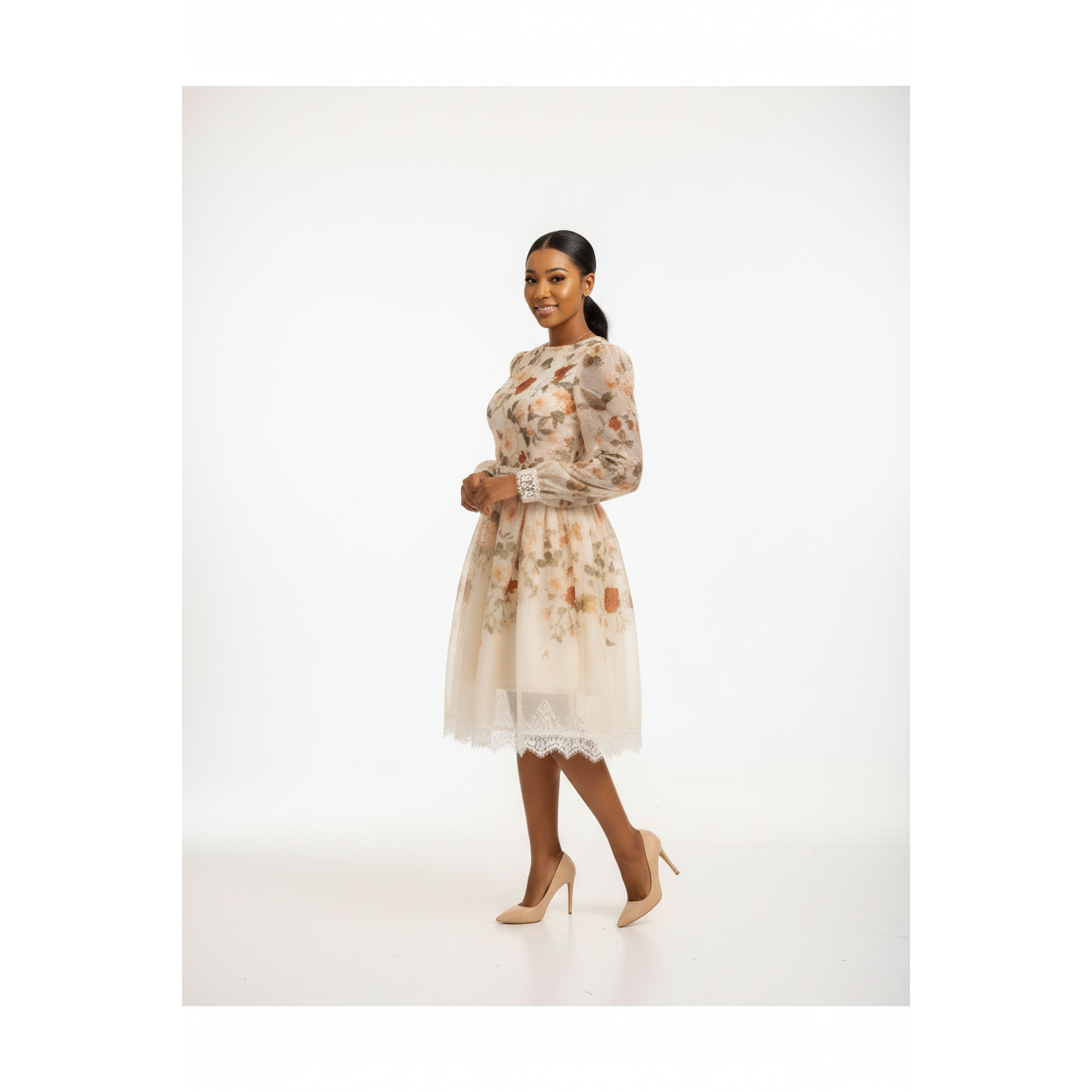 Cream Floral Lace-Trim Tulle Midi Dress