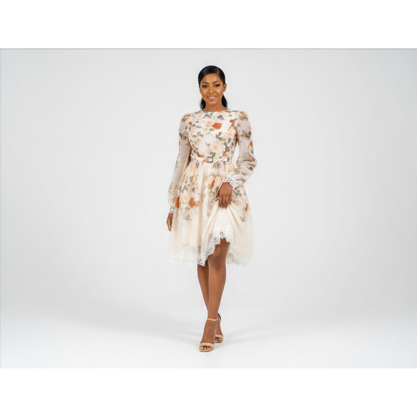 Cream Floral Lace-Trim Tulle Midi Dress