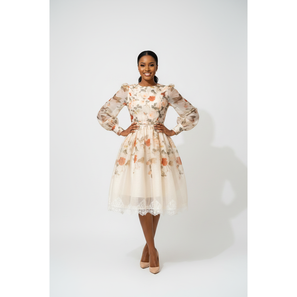 Cream Floral Lace-Trim Tulle Midi Dress