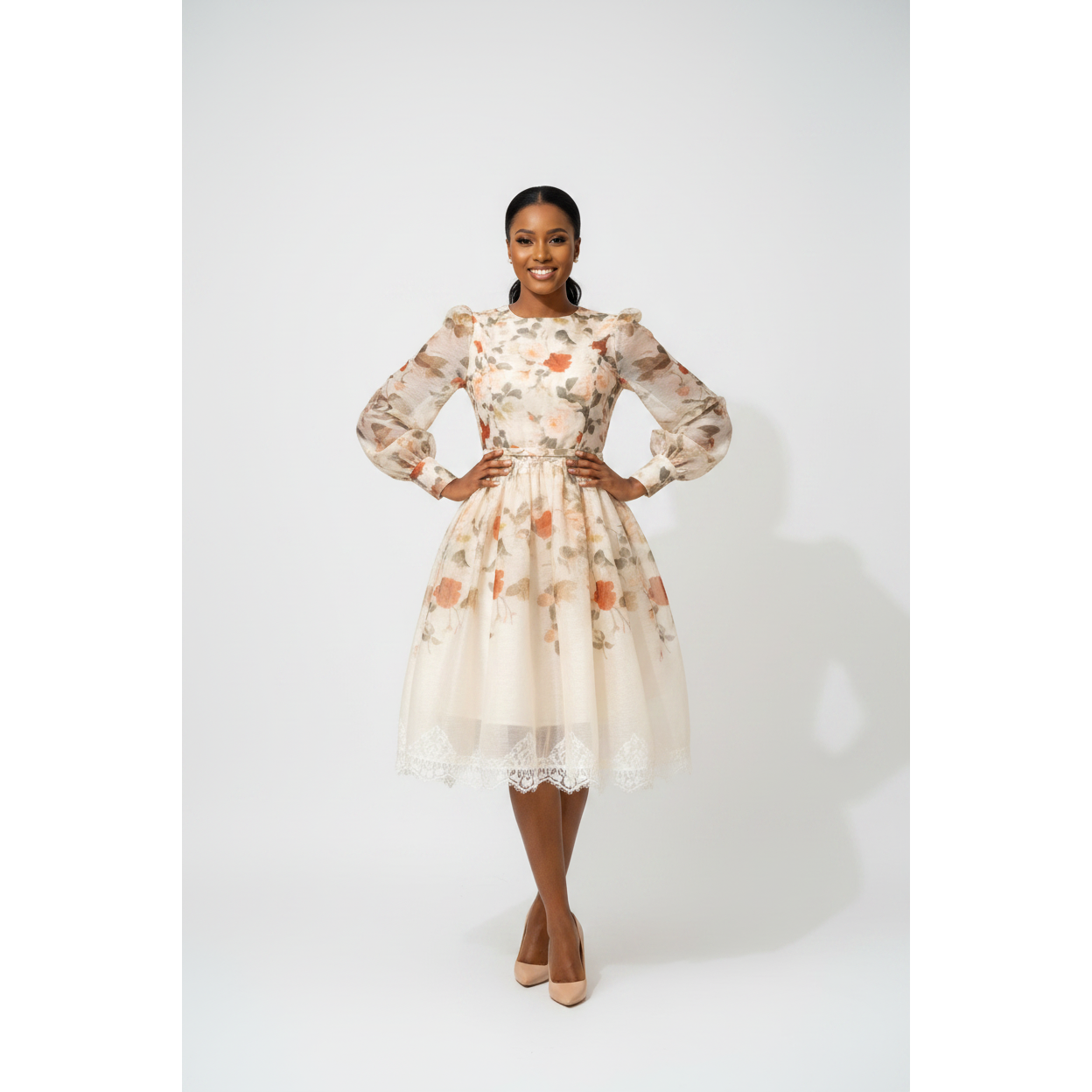 Cream Floral Lace-Trim Tulle Midi Dress