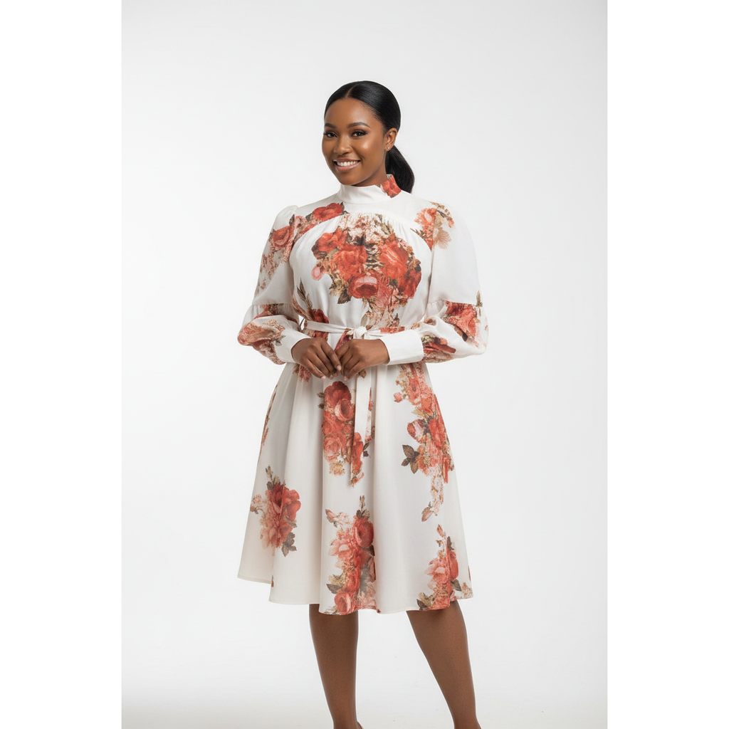 Cream Floral Lantern-Sleeve Midi Dress