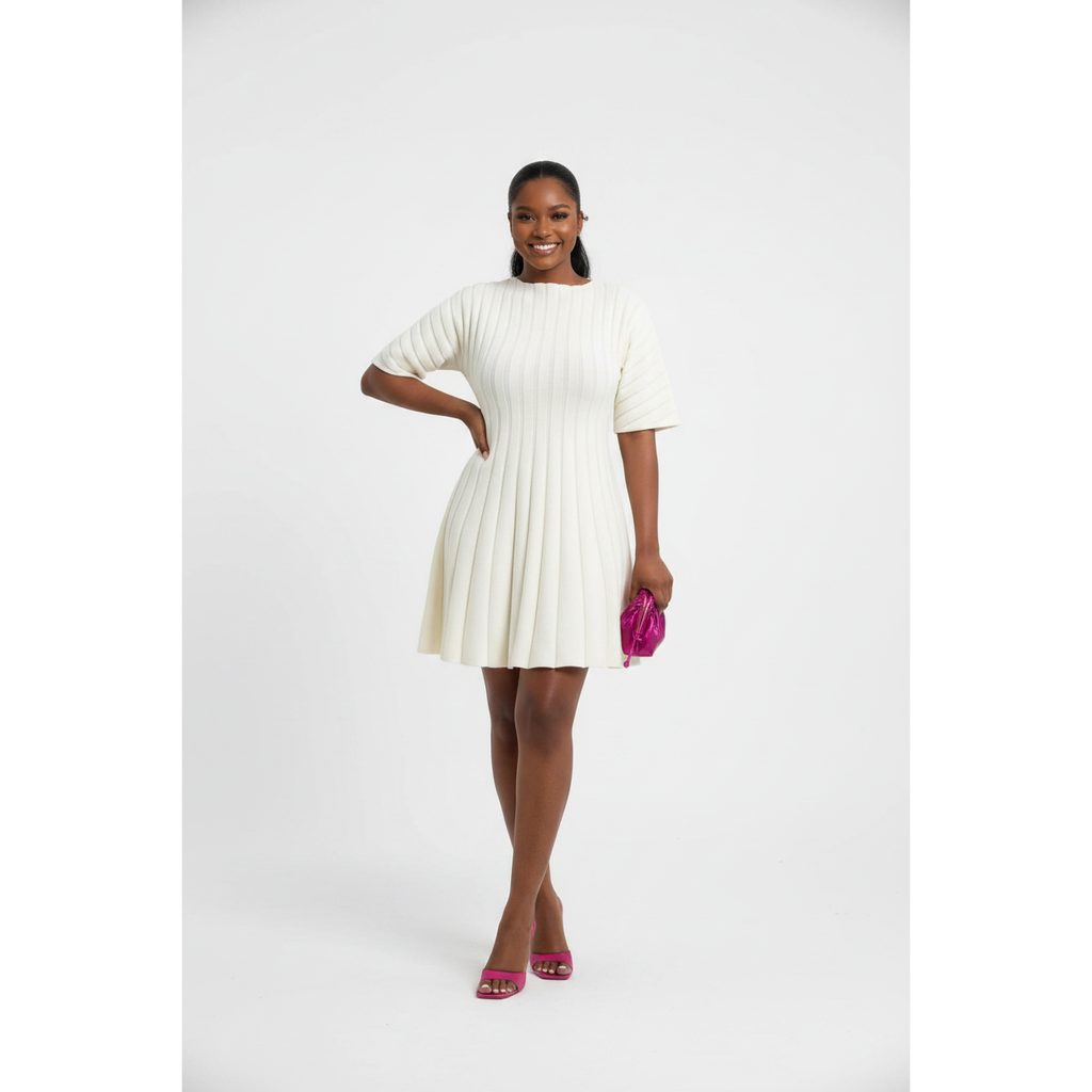 Ribbed Knit Puff-Sleeve Mini Skater Dress