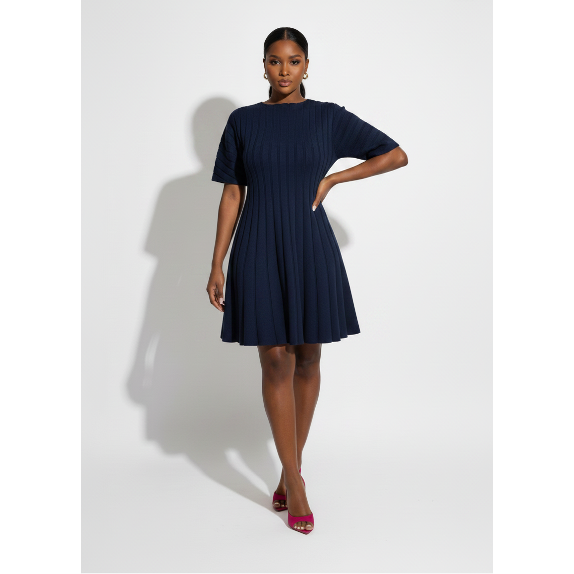 Ribbed Knit Puff-Sleeve Mini Skater Dress