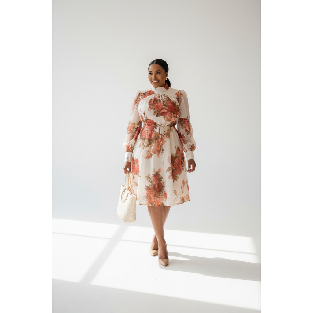 Cream Floral Lantern-Sleeve Midi Dress