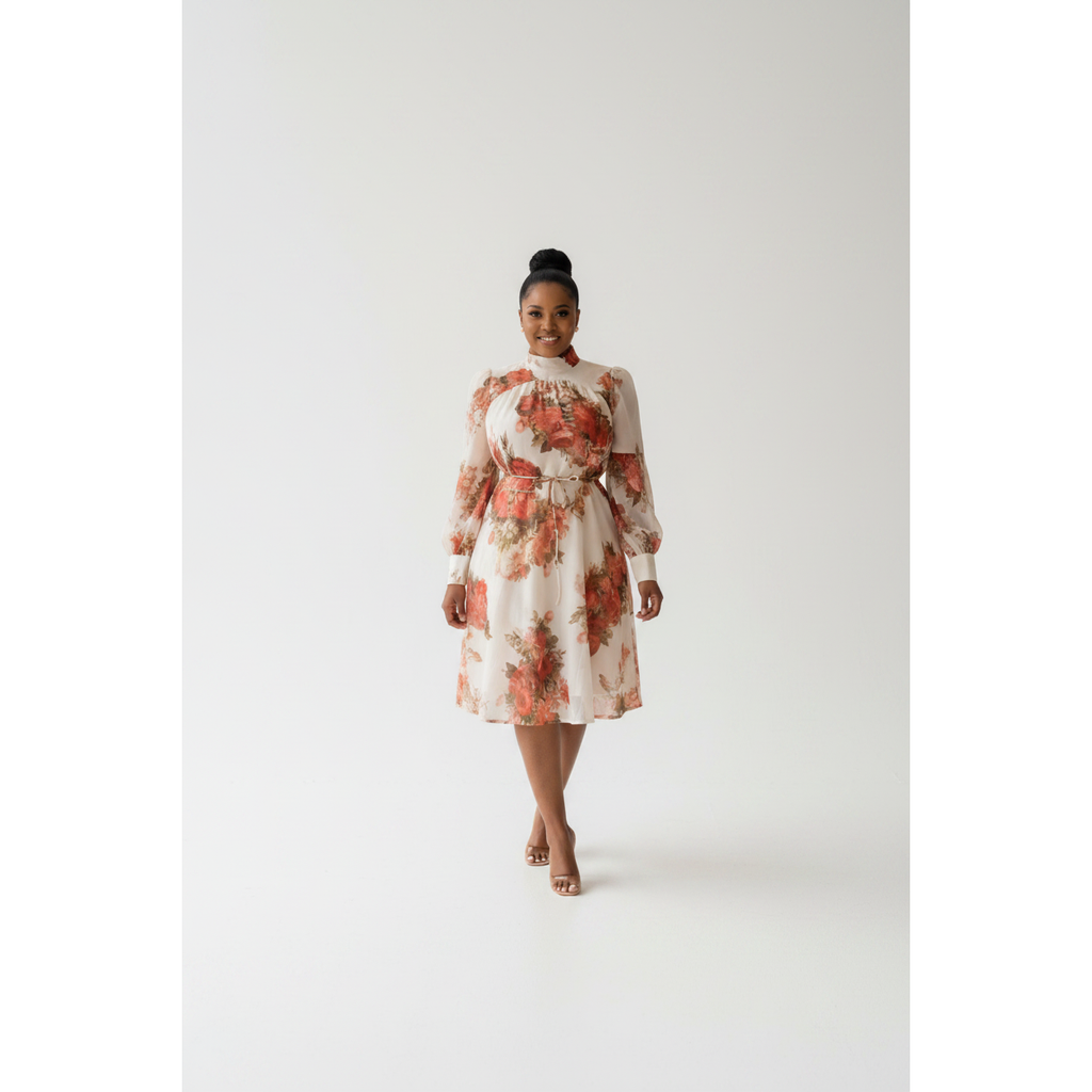 Cream Floral Lantern-Sleeve Midi Dress