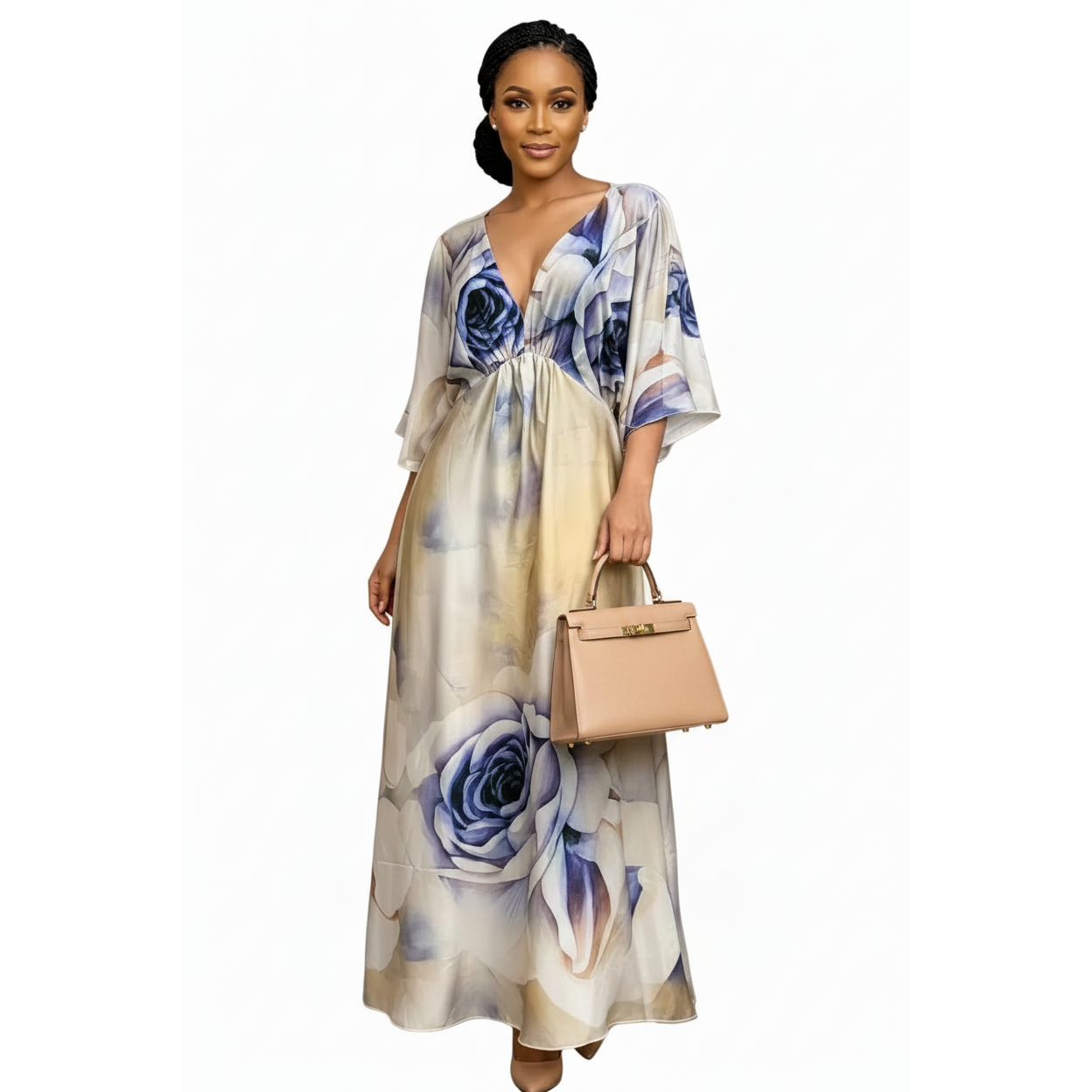 Plus-Size Floral Satin Kimono-Sleeve Maxi Dress