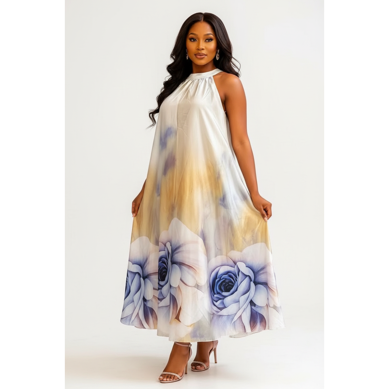 Floral Satin Halter-Neck Maxi Dress