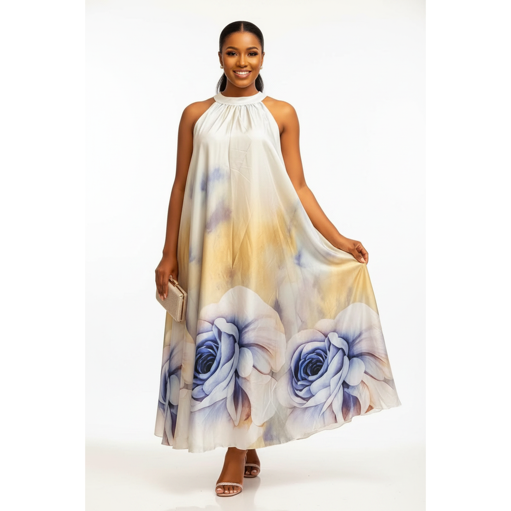 Floral Satin Halter-Neck Maxi Dress
