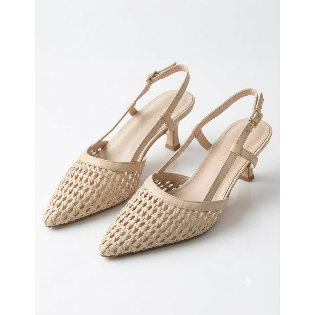 Woven Faux-Leather Slingback Kitten Heels