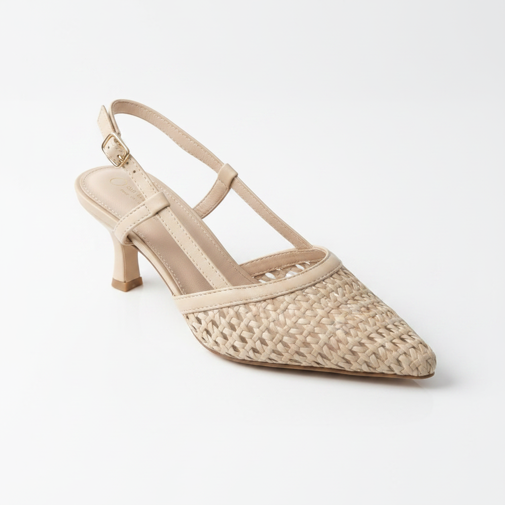 Woven Faux-Leather Slingback Kitten Heels