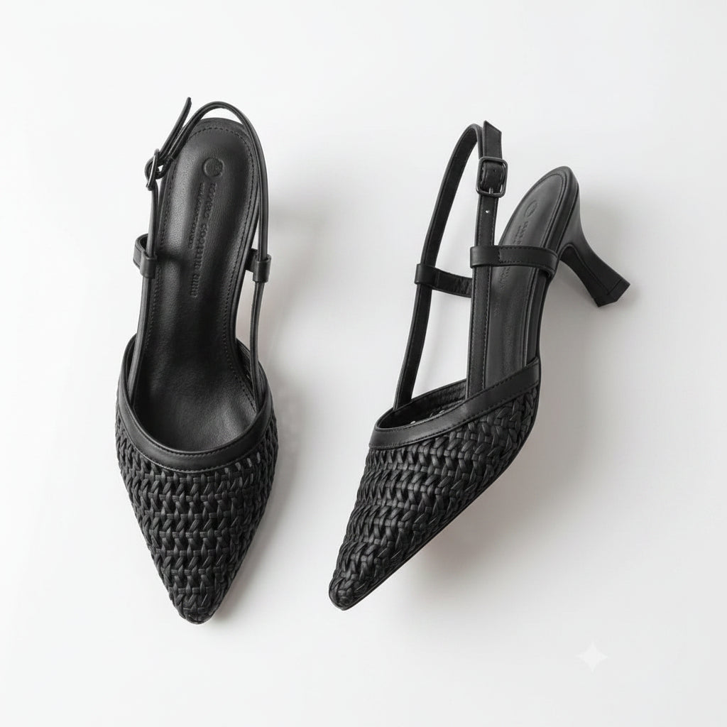 Woven Faux-Leather Slingback Kitten Heels