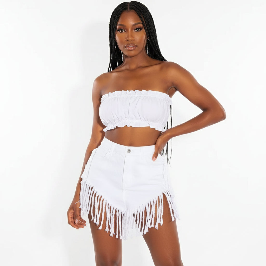 Fringed High Waist Denim Shorts